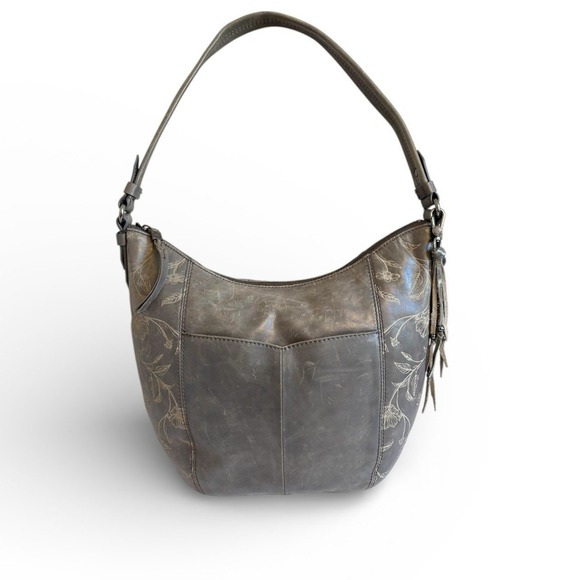 The Sak Gray Leather Handbag Floral Embossed Hobo Shoulder Bag - Picture 2 of 9